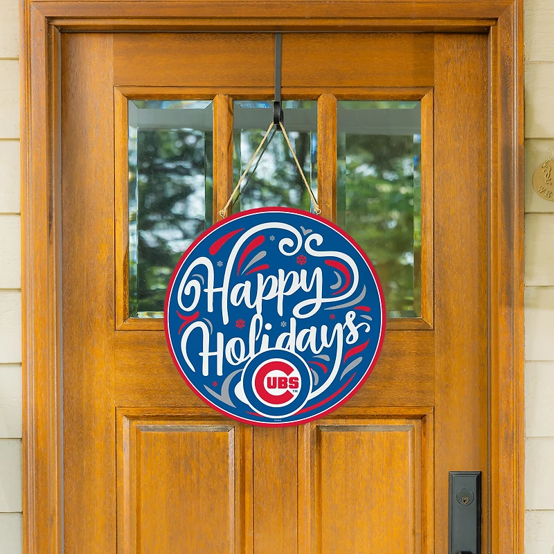 Chicago Cubs 18" Happy Holidays Wooden Round Door Sign