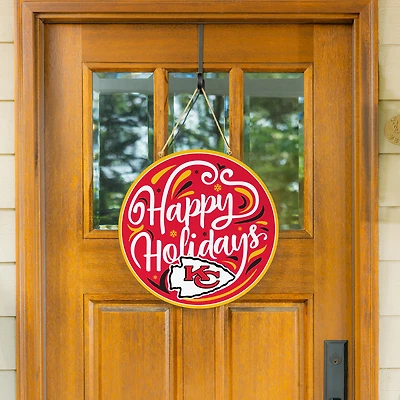 Kansas City Chiefs 18" Happy Holidays Wooden Round Door Sign