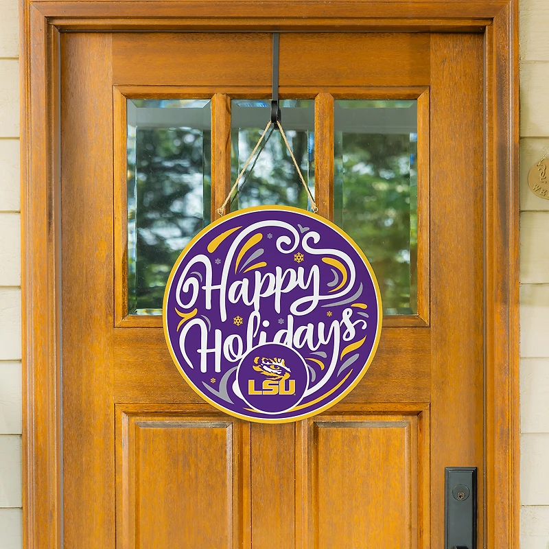 LSU Tigers 18" Happy Holidays Wooden Round Door Sign
