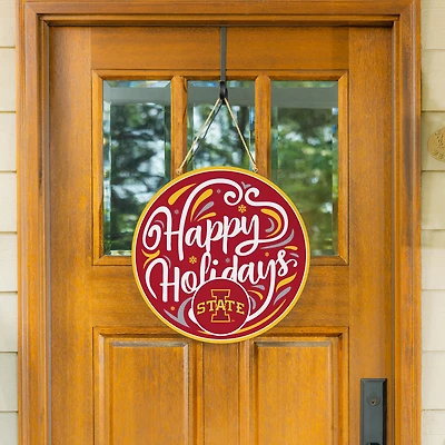 Iowa State Cyclones 18" Happy Holidays Wooden Round Door Sign