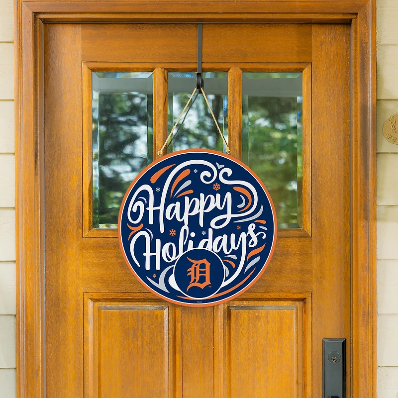 Detroit Tigers 18" Happy Holidays Wooden Round Door Sign