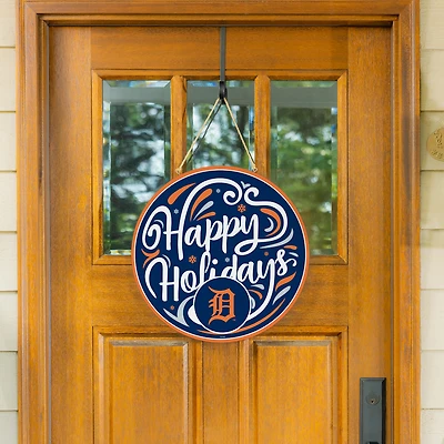 Detroit Tigers 18" Happy Holidays Wooden Round Door Sign