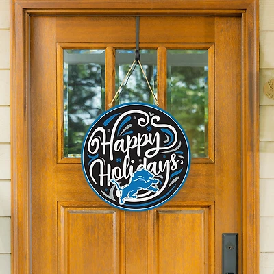 Detroit Lions 18" Happy Holidays Wooden Round Door Sign