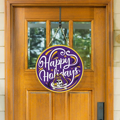 ECU Pirates 18" Happy Holidays Wooden Round Door Sign