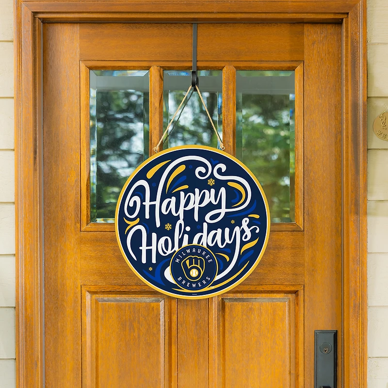 Milwaukee Brewers 18" Happy Holidays Wooden Round Door Sign