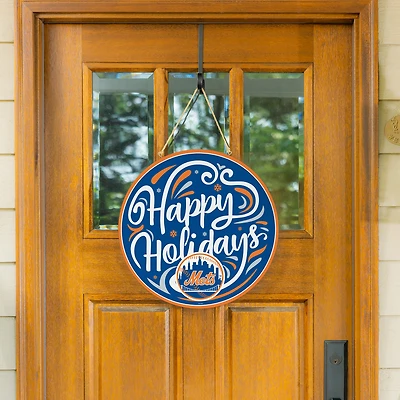 New York Mets 18" Happy Holidays Wooden Round Door Sign