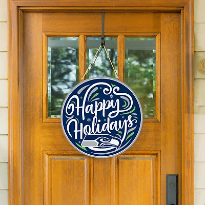 Seattle Seahawks 18" Happy Holidays Wooden Round Door Sign