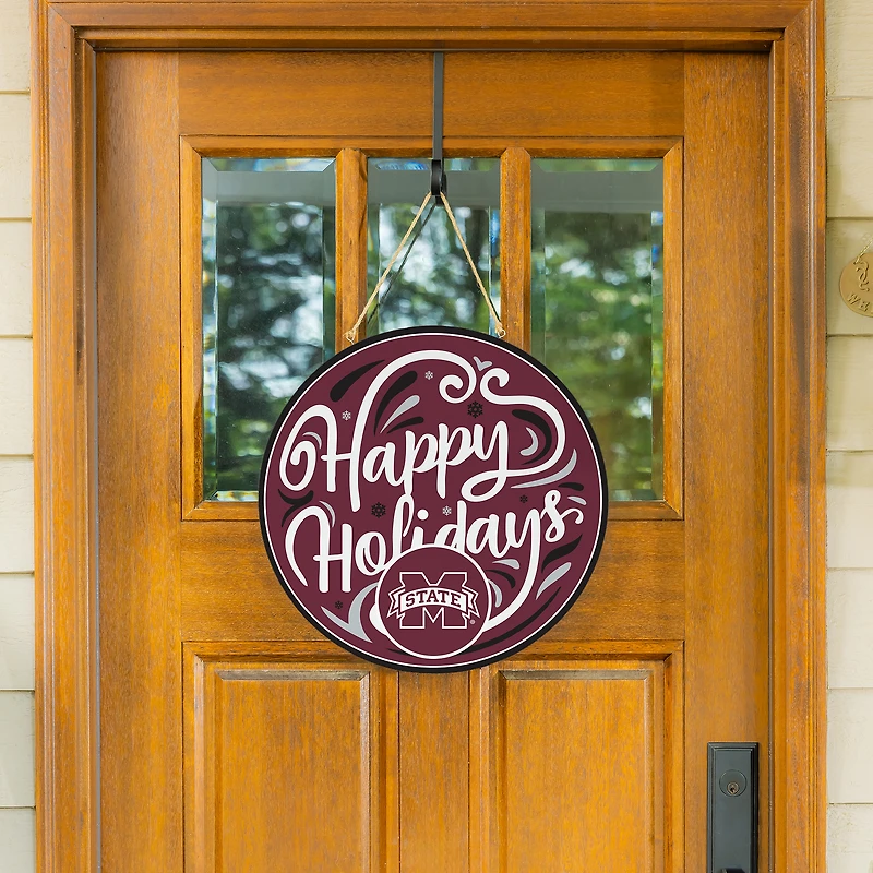 Mississippi State Bulldogs 18" Happy Holidays Wooden Round Door Sign