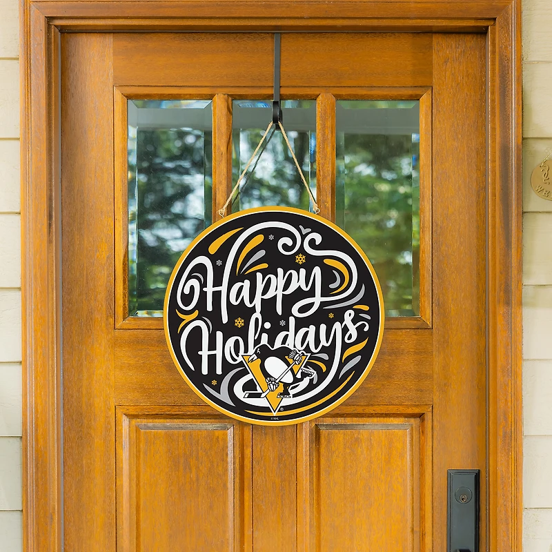 Pittsburgh Penguins 18" Happy Holidays Wooden Round Door Sign