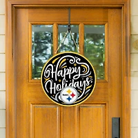 Pittsburgh Steelers 18" Happy Holidays Wooden Round Door Sign