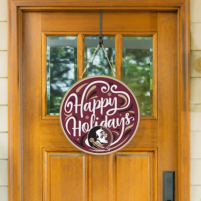 Florida State Seminoles 18" Happy Holidays Wooden Round Door Sign