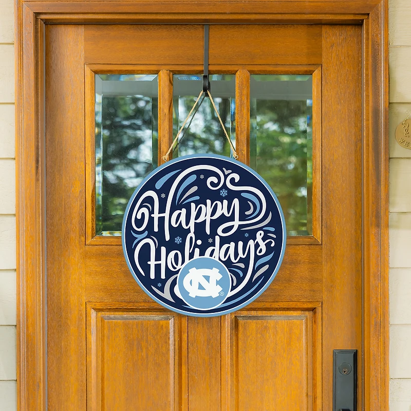 North Carolina Tar Heels 18" Happy Holidays Wooden Round Door Sign