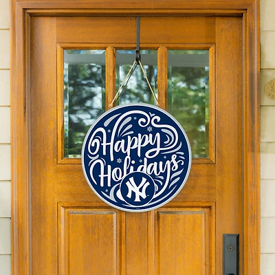New York Yankees 18" Happy Holidays Wooden Round Door Sign