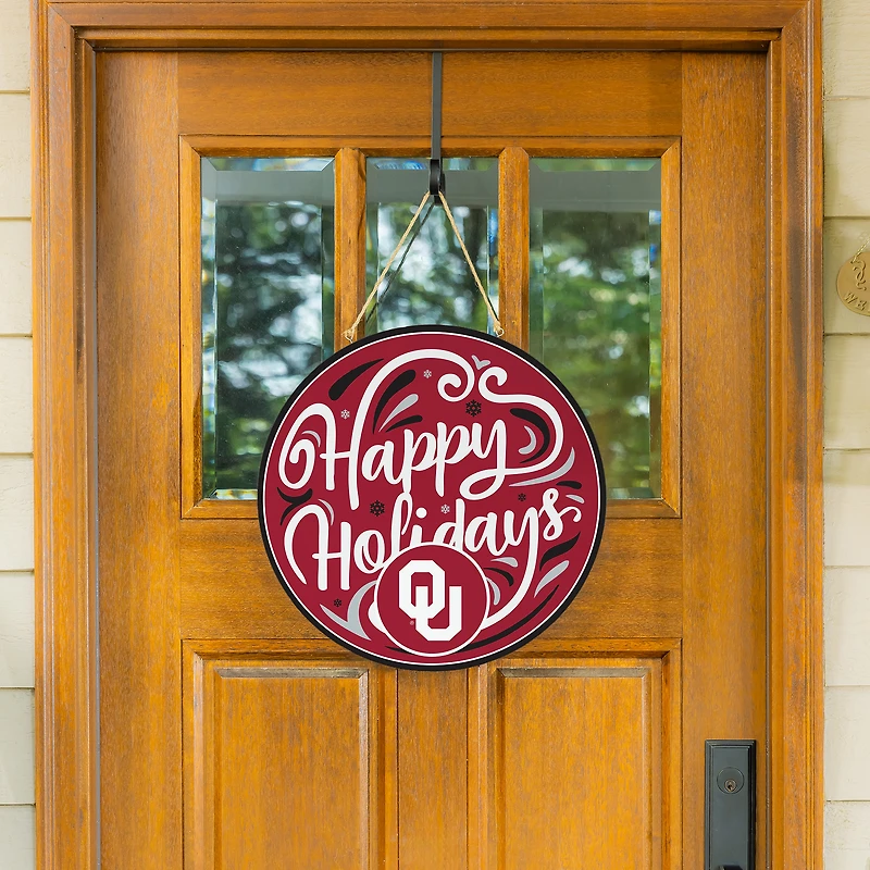 Oklahoma Sooners 18" Happy Holidays Wooden Round Door Sign