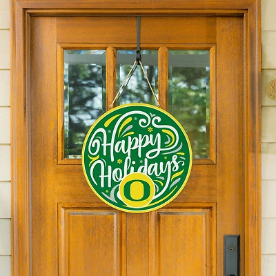 Oregon Ducks 18" Happy Holidays Wooden Round Door Sign