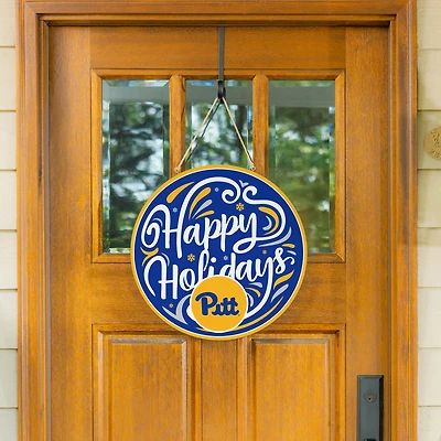 Pitt Panthers 18" Happy Holidays Wooden Round Door Sign