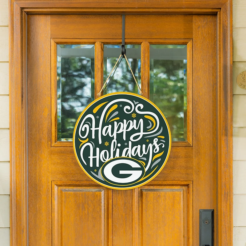 Green Bay Packers 18" Happy Holidays Wooden Round Door Sign