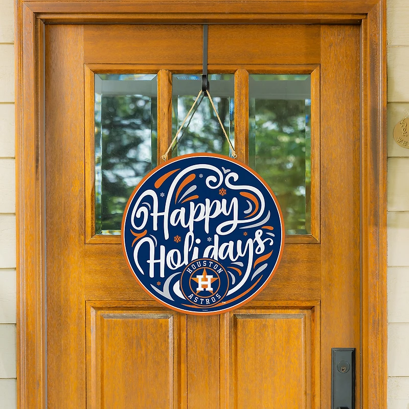 Houston Astros 18" Happy Holidays Wooden Round Door Sign