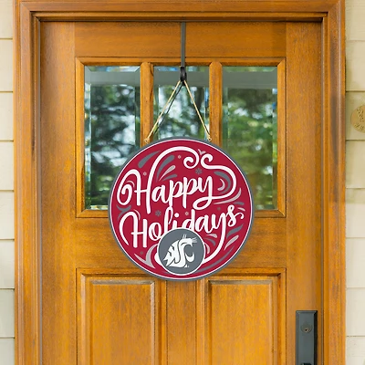 Washington State Cougars 18" Happy Holidays Wooden Round Door Sign