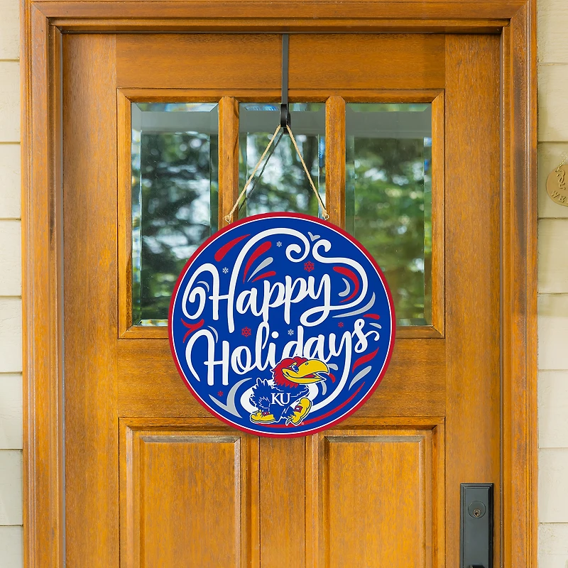 Kansas Jayhawks 18" Happy Holidays Wooden Round Door Sign