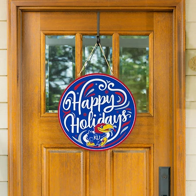Kansas Jayhawks 18" Happy Holidays Wooden Round Door Sign