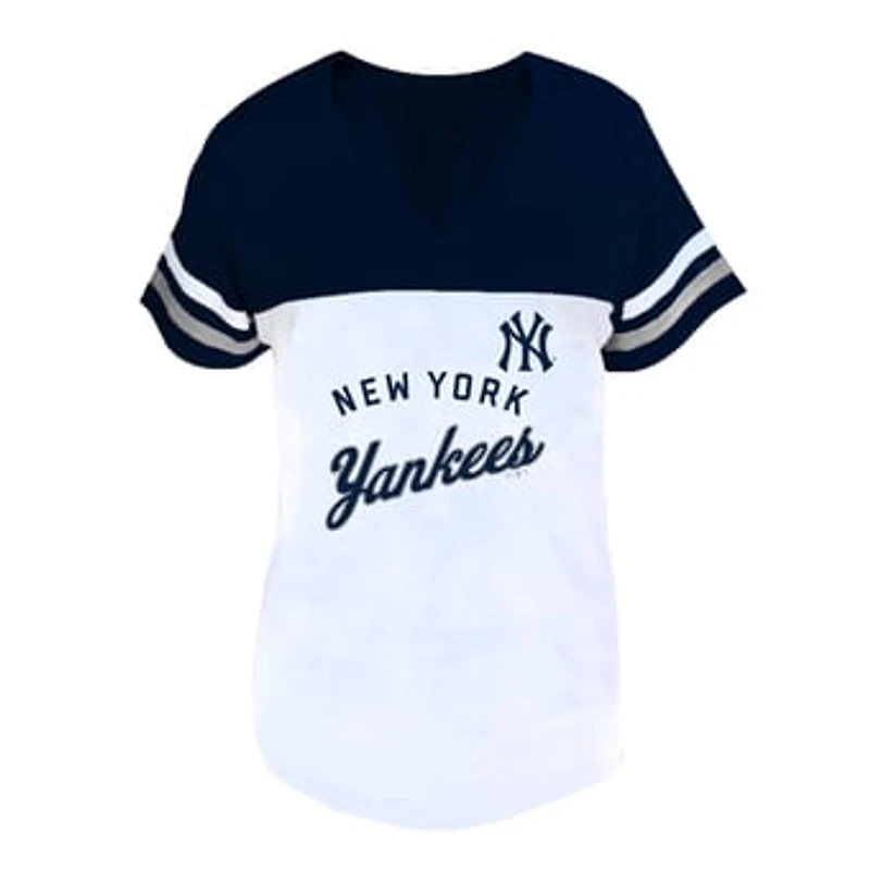 Women's Profile White/Navy New York Yankees Plus Size Two-Stripe V-Neck T-Shirt