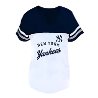 Women's Profile White/Navy New York Yankees Plus Size Two-Stripe V-Neck T-Shirt
