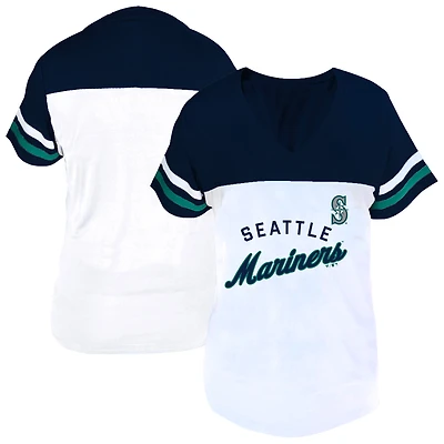 Women's Profile White/Navy Seattle Mariners Plus Size Two-Stripe V-Neck T-Shirt