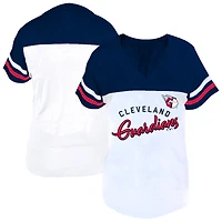 Women's Profile White/Navy Cleveland Guardians Plus Size Two-Stripe V-Neck T-Shirt