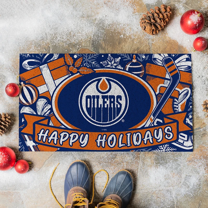 Edmonton Oilers 28" x 16" Happy Holidays Christmas Turf Door Mat