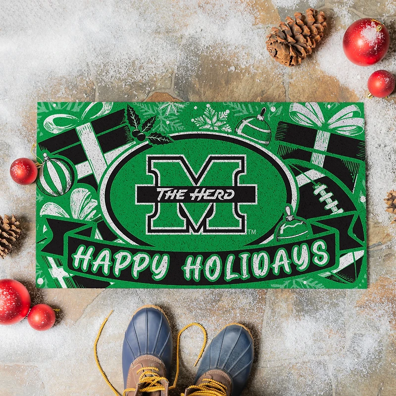 Marshall Thundering Herd 28" x 16" Happy Holidays Christmas Turf Door Mat