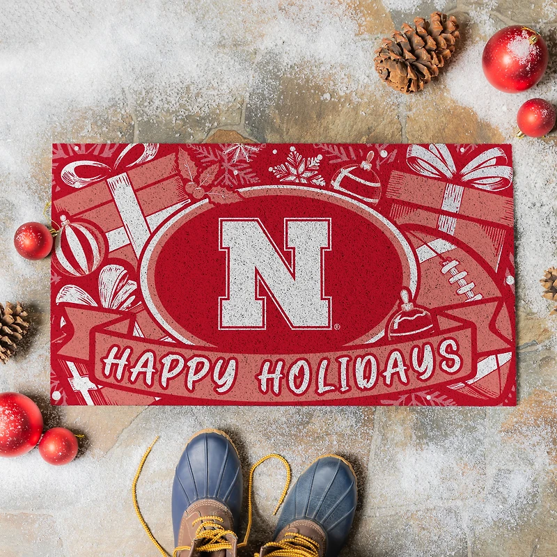 Nebraska Huskers 28" x 16" Happy Holidays Christmas Turf Door Mat