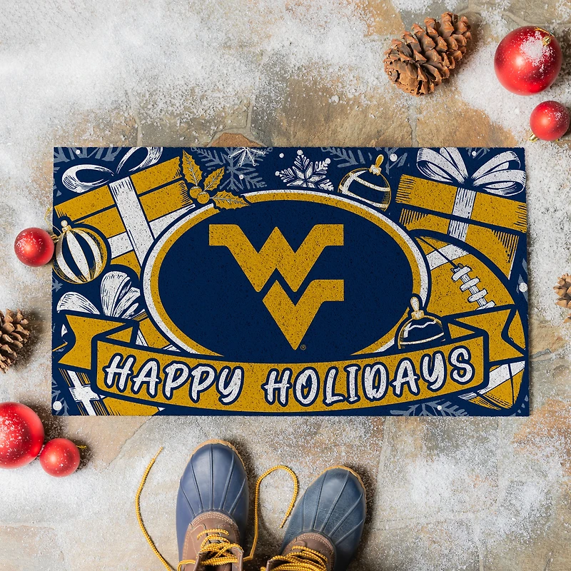 West Virginia Mountaineers 28" x 16" Happy Holidays Christmas Turf Door Mat
