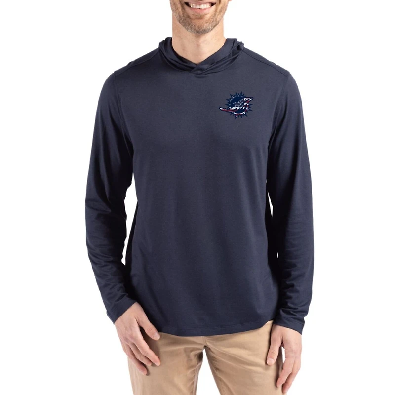 Men's Cutter & Buck Navy Miami Dolphins Americana Coastline Epic Comfort Eco Recycled Long Sleeve Hoodie T-Shirt