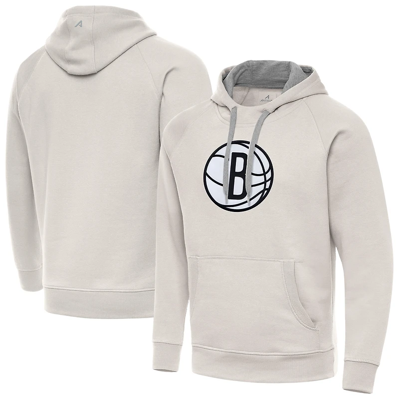Men's Antigua Cream Brooklyn Nets Big Logo Victory Pullover Hoodie