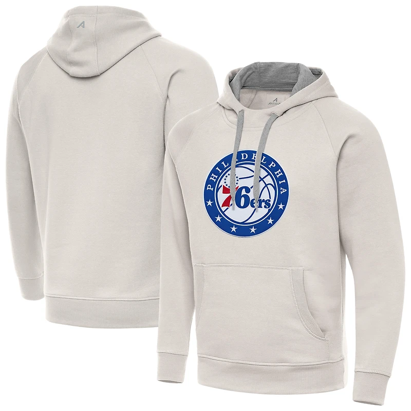 Men's Antigua Cream Philadelphia 76ers Big Logo Victory Pullover Hoodie