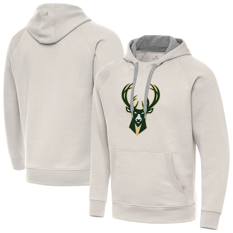 Men's Antigua Cream Milwaukee Bucks Big Logo Victory Pullover Hoodie
