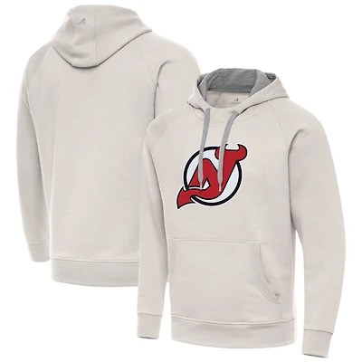 Men's Antigua Cream New Jersey Devils Big Logo Victory Pullover Hoodie