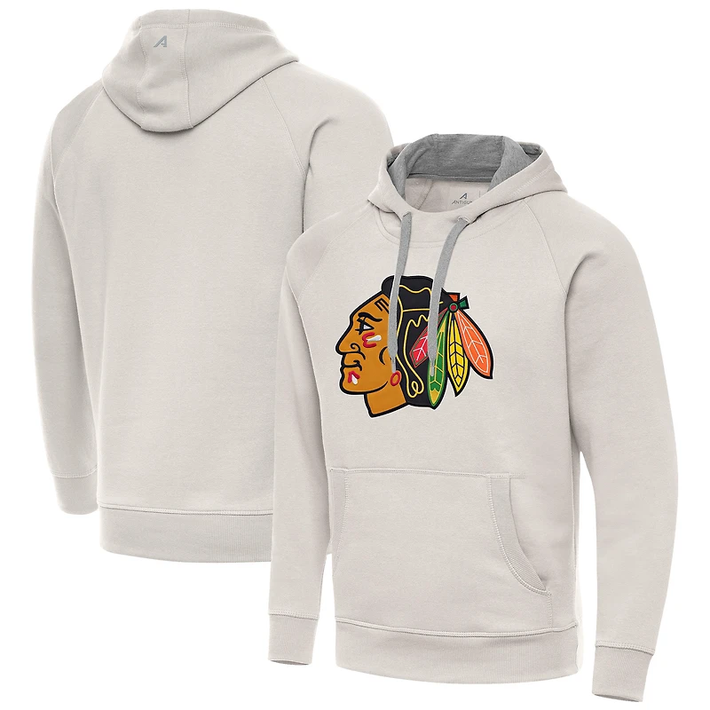 Men's Antigua Cream Chicago Blackhawks Big Logo Victory Pullover Hoodie