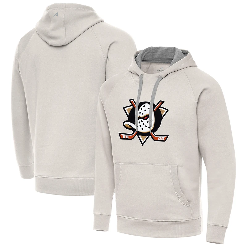 Men's Antigua Cream Anaheim Ducks Big Logo Victory Pullover Hoodie