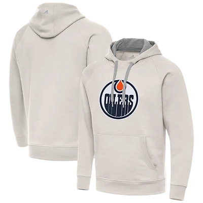 Men's Antigua Cream Edmonton Oilers Big Logo Victory Pullover Hoodie