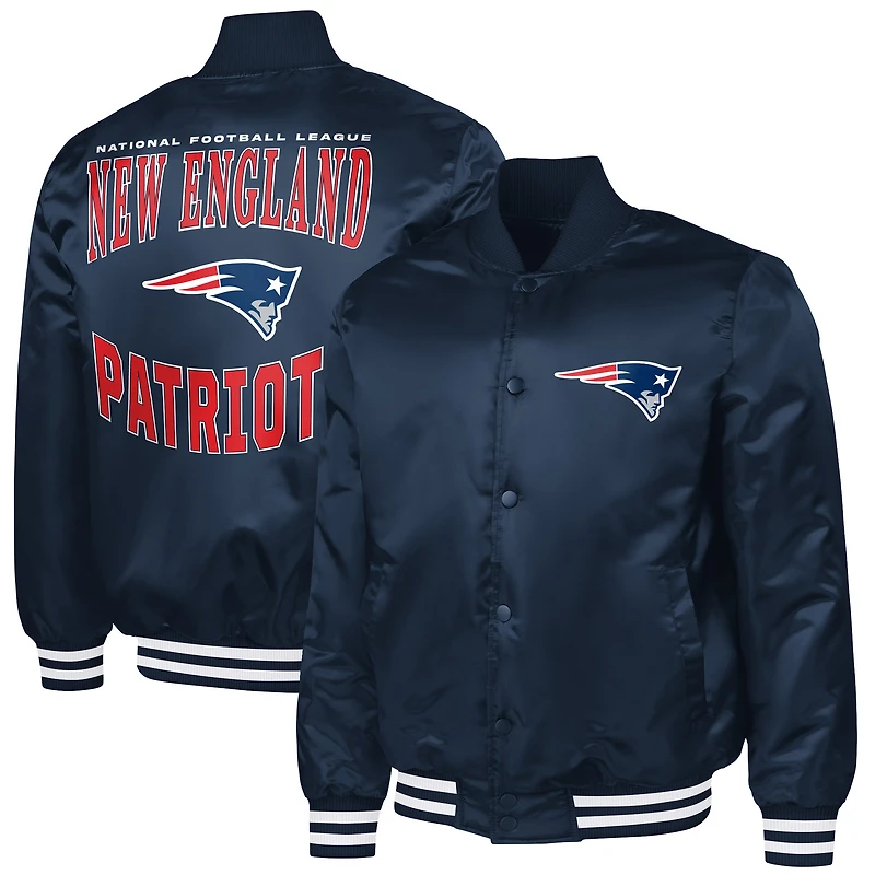 Men's G-III Sports by Carl Banks Navy New England Patriots Adaptive Team Graphic Satin Full-Snap Varsity Jacket