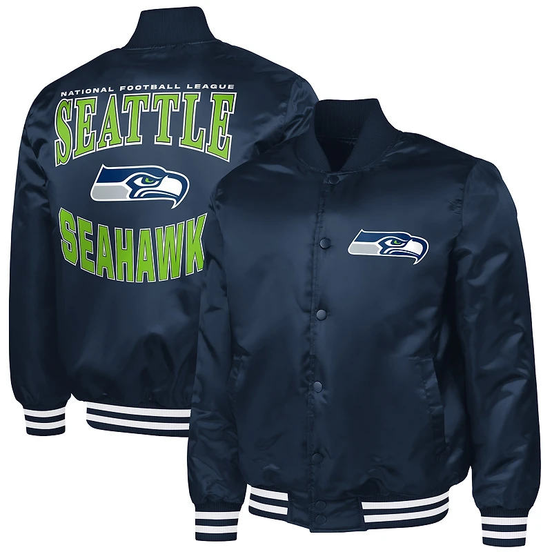 Men's G-III Sports by Carl Banks College Navy Seattle Seahawks Adaptive Team Graphic Satin Full-Snap Varsity Jacket