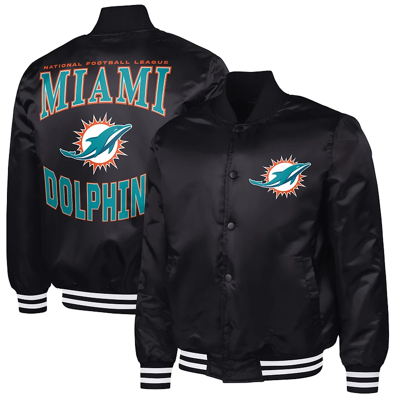 Men's G-III Sports by Carl Banks Black Miami Dolphins Adaptive Team Graphic Satin Full-Snap Varsity Jacket