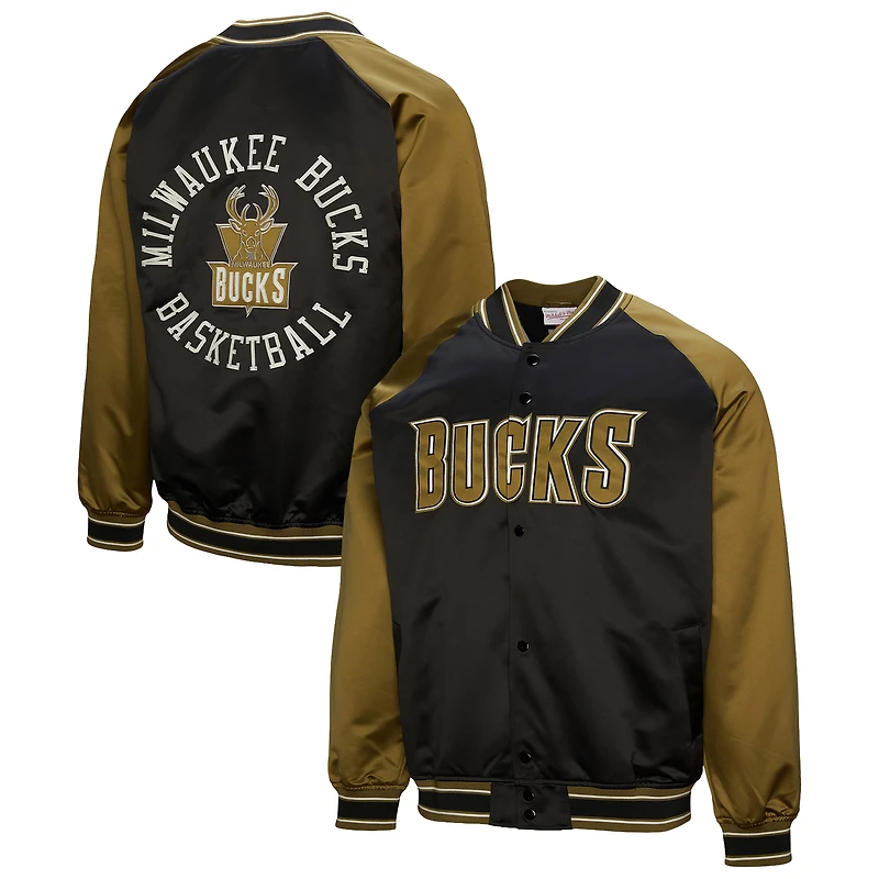 Men's Mitchell & Ness Olive Milwaukee Bucks Clutch Satin Raglan Full-Snap Jacket