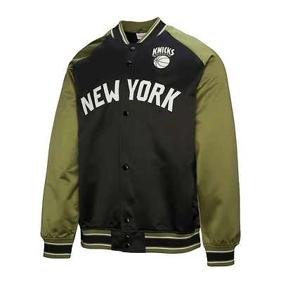Men's Mitchell & Ness Olive/Black New York Knicks Clutch Satin Raglan Full-Snap Jacket