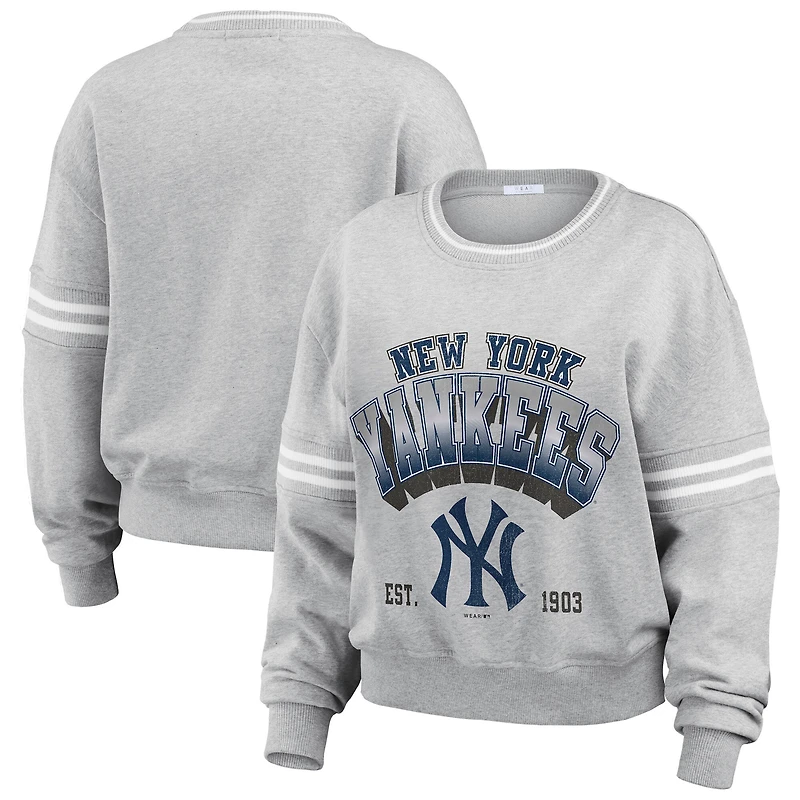 Women's WEAR by Erin Andrews  Gray New York Yankees Sleeve Stripe Fleece Crewneck Sweatshirt