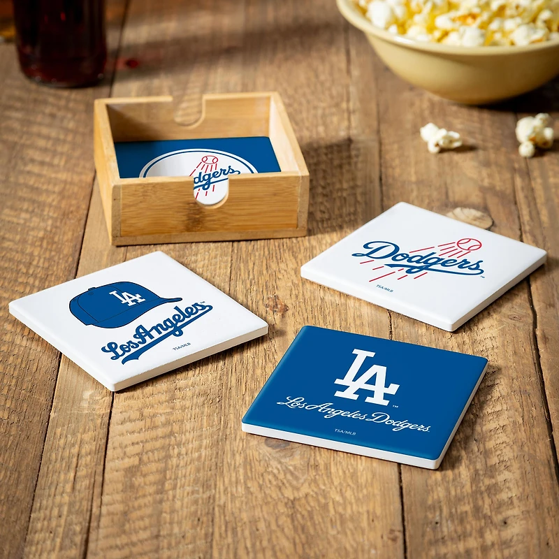 Los Angeles Dodgers Four-Piece Ceramic Coaster Set with Wood Caddy