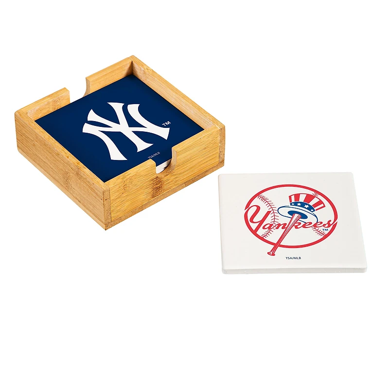 New York Yankees Four-Piece Ceramic Coaster Set with Wood Caddy