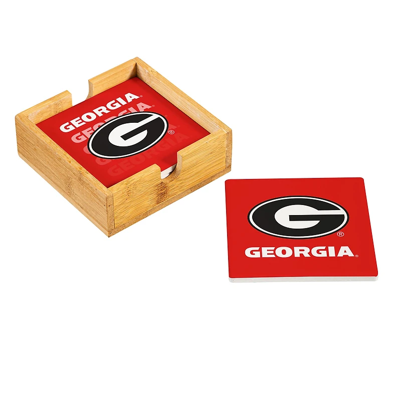 Georgia Bulldogs Four-Piece Ceramic Coaster Set with Wood Caddy